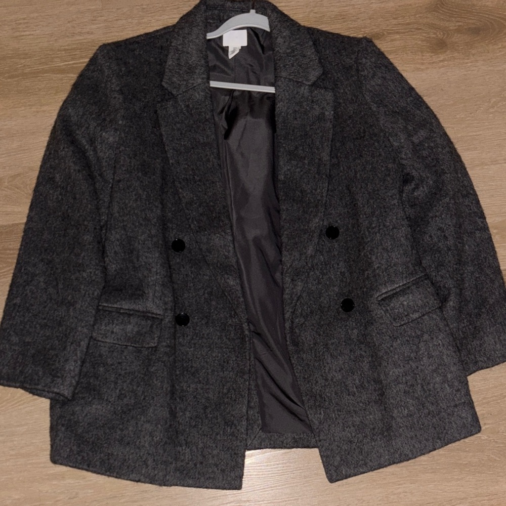 H&M Charcoal Gray Double-Breasted Wool-Blend Blazer